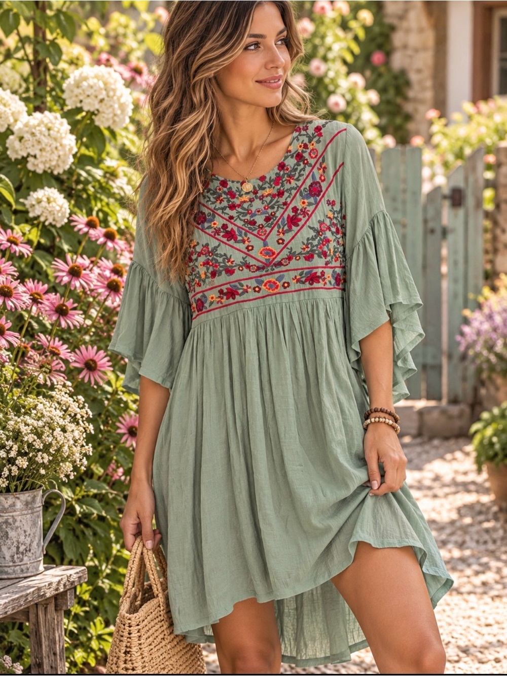 Umgee Sage Green Embroidered Mini Dress